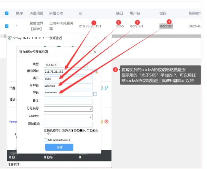 SSTap 填写代理节点信息示意图